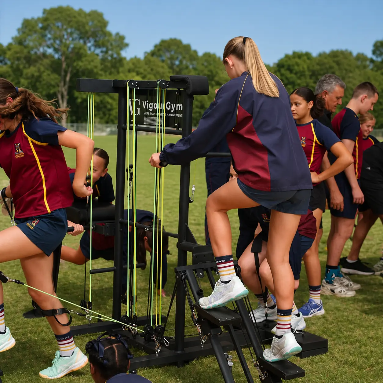 Young participants completing resisted movement work with VigourGym